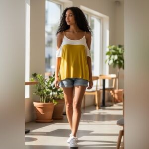 BEBE Yellow and White Women's Top with gold chain straps